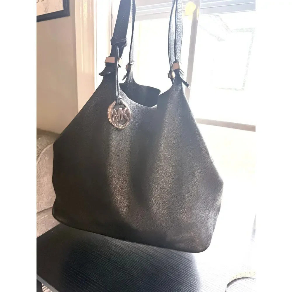 Michael Kors Black Pebbled Faux Leather Large Tote Shoulder Bag Gold MK Charm